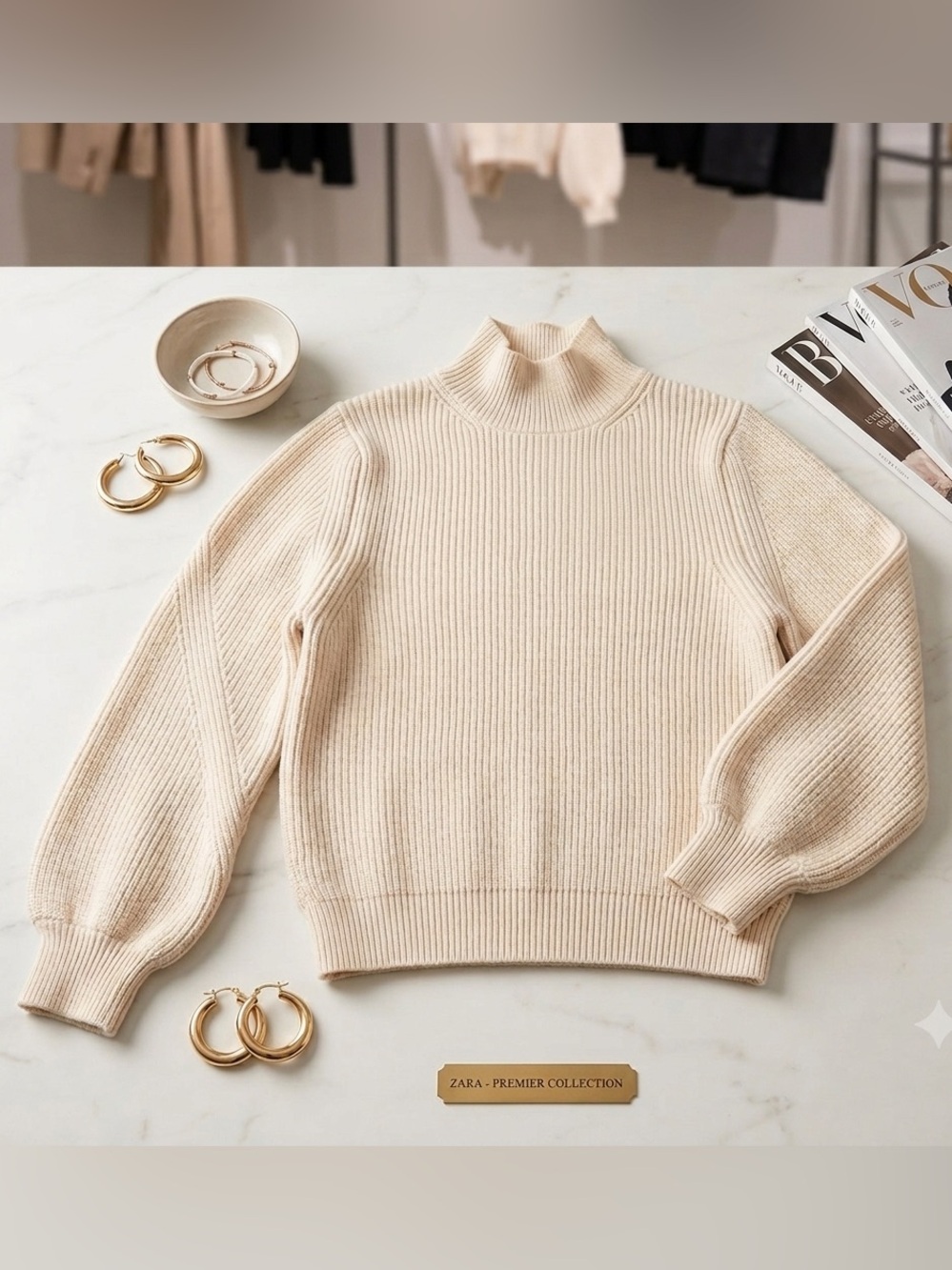 ZARA LADIES CREAM COLORED RIBBED SWEATER. SUPER SOFT W HIGH COLLAR SIZE M EUC